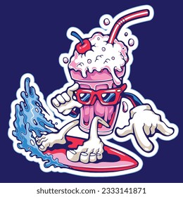 cute milkshake character is surfing