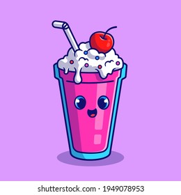 Cute Milkshake With Cherry Cartoon Vector Icon Illustration. Food And Drink Icon Concept Isolated Premium Vector. Flat Cartoon Style