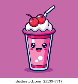 Milkshake Bonito Com Ilustração De Ícone De Vetor De Desenho Animado De Cereja. Estilo de Desenho Animado Plano Isolado