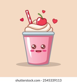 Cute Milkshake With Cherry Cartoon Vector Icon Illustration. Food And Drink Icon Concept Isolated Premium Vector. Flat Cartoon Style