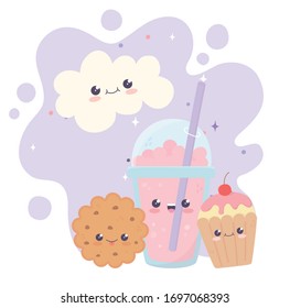 cute milkshake cookie cupcake cloud kawaii cartoon character vector illustration