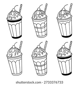 Cute Milkshake Cup Line Art Icon Set with Straw and Whipped Cream