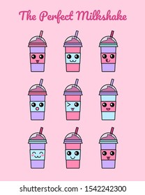 Cute milkshake, frozen yogurt or coffee. Cups with kawaii faces. Flat cartoon vector illustration.