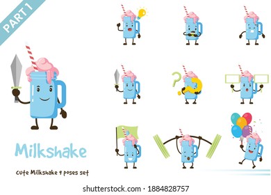 Cute milkshake poses set. Vector cartoon illustration. Isolated on white background.