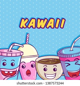 Cute milkshake, soda cup and coffee with funny face on blue background