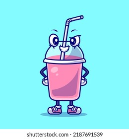 Cute Milkshake With Straw Cartoon Vector Icon Illustration. Drink Object Icon Concept Isolated Premium Vector. Flat Cartoon Style