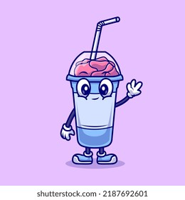 Cute Milkshake Waving Hand Cartoon Vector Icon Illustration. Drink Object Icon Concept Isolated Premium Vector. Flat Cartoon Style