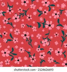 Cute millefleur ditsy daisy seamless repeat pattern. Random placed, vector flowers with leaves all over surface print on red background.