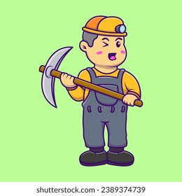 Cute Miner Boy Holding Pickaxe Cartoon Vector Icons Illustration. Flat Cartoon Concept. Suitable for any creative project.