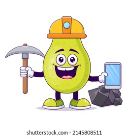 Cute miner pear cartoon vector illustration design. Fruit mascot character concept isolated vector