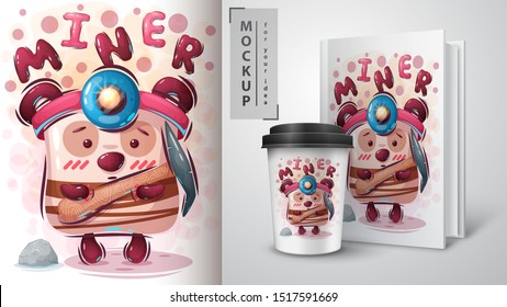 Cute miner poster and merchandising. Vector eps 10