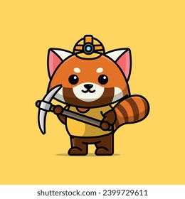 Cute miner red panda cartoon vector illustration animal proffession concept icon isolated