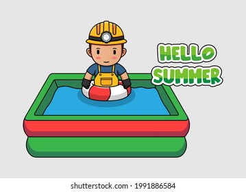 Cute miner swimming with hello summer greeting banner