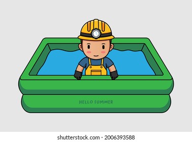 Cute miner swimming with hello summer greeting banner