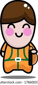 Cute Miner Wearing An Orange Outfit And Holding A Helmet With Flashlight On It Vector Character Illustration 