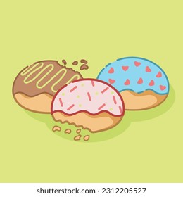 Cute mini bitten Donuts with love, ceres and zigzag lines.Vetor Illustration.