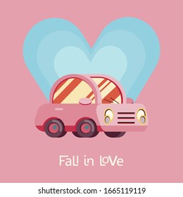 Cute mini car on a background of blue hearts. Fall in love. Romantic trip concept. Isolated clipart for greeting card, invitation. Valentines day design for banners, flyers. Flat vector illustration.