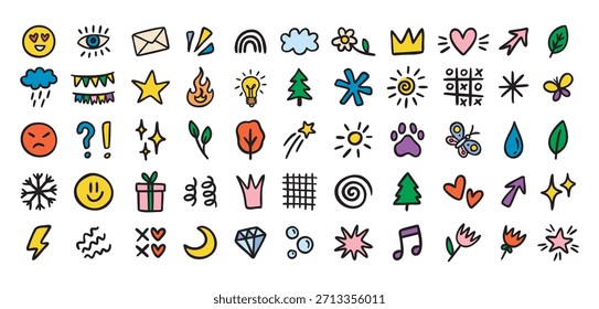 Iconos lindos del mini doodle para la escuela primaria, sonrisas y símbolos, coloridos, dibujados a mano. Ilustración vectorial.