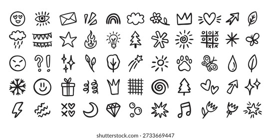 Cute mini doodle icons for primary school, smiles and symbols, line art outline contour, monochrome, hand drawn. Vector illustration.