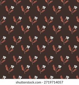 Cute mini floral sprigs in rust tones on a deep chocolate brown base, ideal for wallpaper, bedding, upholstery and cozy gift wrap.