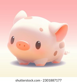 Cute mini pig with a kind smiling face and big eyes. Vector pet illustration drawn in a cartoon 3d mesh style isolated on a gradient background