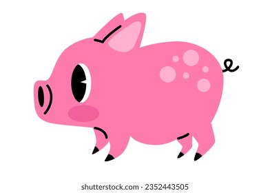 Cute mini pig, or pygmy pig, or teacup pig. Pink piggy cartoon illustration. Pet sticker. Piglet vector graphic isolated on white background. Farm animal. Juliana pig breed.