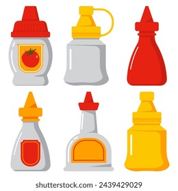 Cute mini sauces bottles vector cartoon set isolated on a white background.