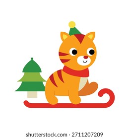 Mini trineo lindo del tigre que monta con el pequeño árbol de Navidad, ilustración adorable de la fiesta para las tarjetas de felicitación, los carteles, y los diseños festivos.