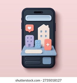 Cute mini UI world on smartphone screen showing buildings, buttons and social icons for modern mobile app interface, pastel 3D design on pink background vector illustration