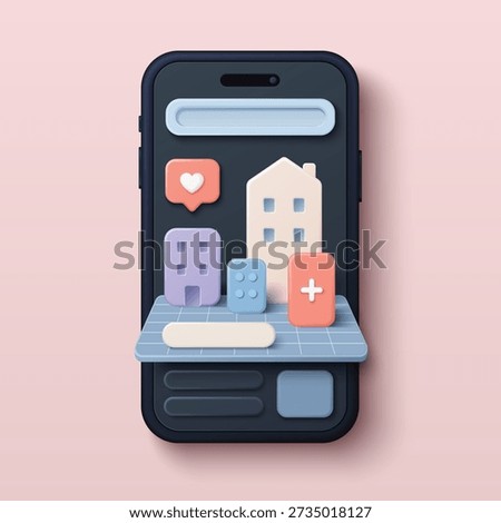 Cute mini UI world on smartphone screen showing buildings, buttons and social icons for modern mobile app interface, pastel 3D design on pink background vector illustration