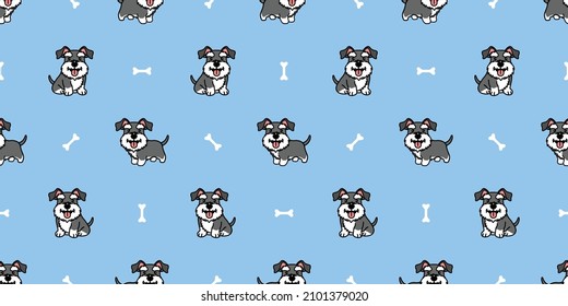 Cute Miniature Schnauzer Puppy Cartoon Seamless Pattern, Vector Illustration