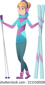 A cute miniature slender girl with white hair stands in warm headphones and holds skis and sticks