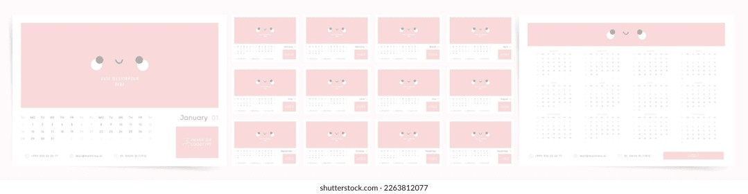 Cute minimal 2024 calendar template. Place for photo. Week starts on Sunday. Horizontal modern design with place for photo. Cute 2024 calendar template set of 12 editable pages.