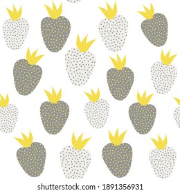 Ilustración de fondo de un patrón vectorial sin costuras de color amarillo y gris abstracto mínimo con fresas estampadas