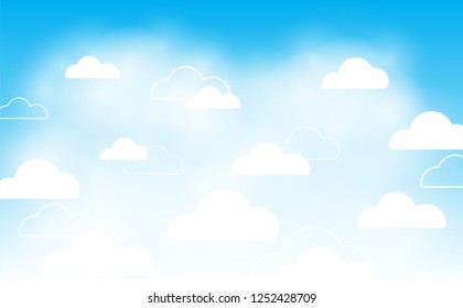 Cute minimal blue sky and clouds cartoon vector illustration design.Nice weather concept background.Abstract natural cloudscape scene outdoor.White and blue template cover.