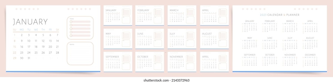 Cute minimal calendar and planner with tasks and notes. Vector notebook calendar layout. 