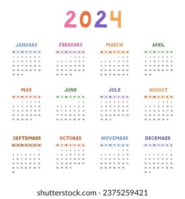 Die minimale Kalendervorlage für das Jahr 2024 wird am Montag angefangen. Kalender-Gitter mit funky Schriftart für Kinder Kindergarten, Firmenbüro, Schreibwaren. Vertikales Monatskalender-Layout für die Planung