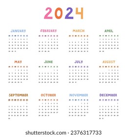 Cute minimal calendar template for 2024 year with weeks starts on Monday. Calendar grid with funky font for kids nursery, corporate office, stationery. Vertical monthly calender layout for planning