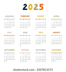 Cute minimal calendar template for 2025 year with weeks starts on Monday. Calendar grid with funky font for kids nursery, corporate office, stationery. Square monthly calender layout for planning