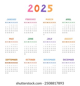 Linda Plantilla mínima de calendario para el año 2025 con semanas comienza el lunes. Cuadrícula del calendario con fuente funky para el cuarto de niños, oficina corporativa, papelería. Diseño de calendario mensual cuadrado para planificación