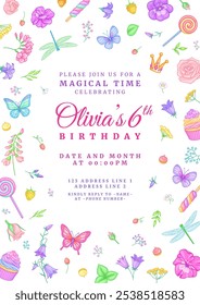 Cute minimal floral party birthday invitation with flowers and butterflies. Vector template on white background. Full size objects under the clipping mask.