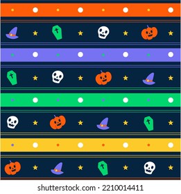 Cute Minimal Happy Halloween Horizontal Stripe Line Checkered Gingham Pattern ghost, skull, pumpkin, coffin, witch hat