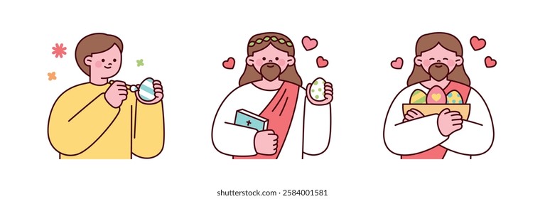 Cute minimal illustration of Jesus and Easter eggs, symbolizing joy, faith, and celebration. Flat vector design with pastel colors, perfect for religious holiday themes, cards, and decorations.