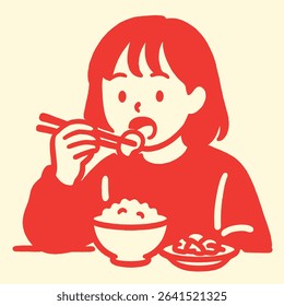 A cute minimal illustration of a young girl eating rice with chopsticks. The artwork uses bold red and cream colors in a flat graphic style. Ideal for content about family meals.