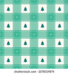 Cute Minimal Merry Christmas Tree Pine Tree Green Check Checked Checkered Gingham Pattern Editable Stroke. Cartoon Illustration, Mat, Fabric, Textile, Scarf, Wrapping Paper. 