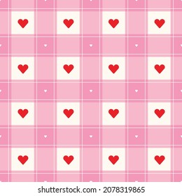 Cute Minimal Mini Heart Pink Red Check Checked Checkered Gingham Pattern Editable Stroke. Cartoon Illustration, Mat, Fabric, Textile, Scarf, Wrapping Paper. 