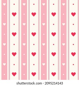 Cute Minimal Mini Heart Pink Red Cream Ivory Beige Checkered Gingham Stripe Pattern Editable Stroke. Cartoon Illustration, Mat, Fabric, Textile, Scarf, Wrapping Paper.