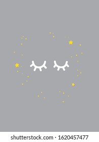 Cute minimal nursery art sleeping eyes on grey background with golden stars