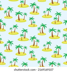 Pequeñas palmeras mínimas en la isla amarilla sin costuras. Para imprenta, fondos, textiles y tejidos de verano 