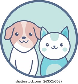 Logotipo de loja de animais de estimação mínimo bonito com gato e cão sorridente em cores pastel - Ilustração de vetor